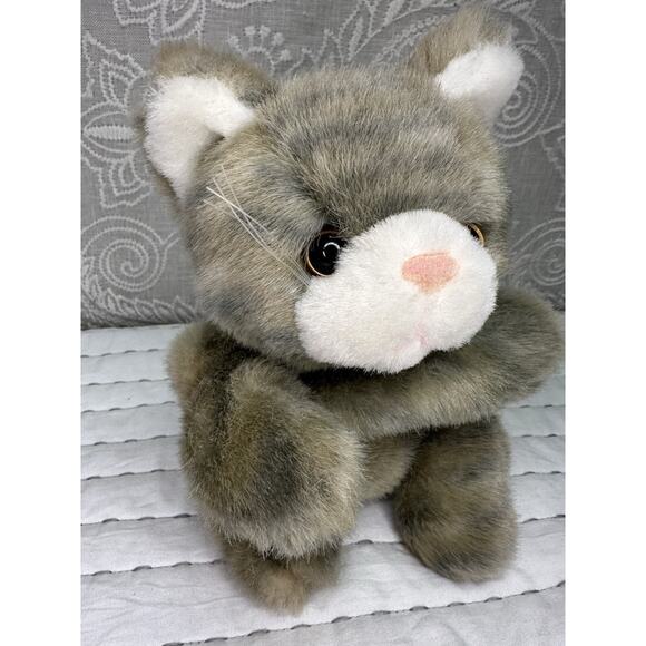 Cat Plush Bean Bag Stuffed Animal Hard Eyes Gray Striped Tabby 9” Whiskers - Picture 2 of 5
